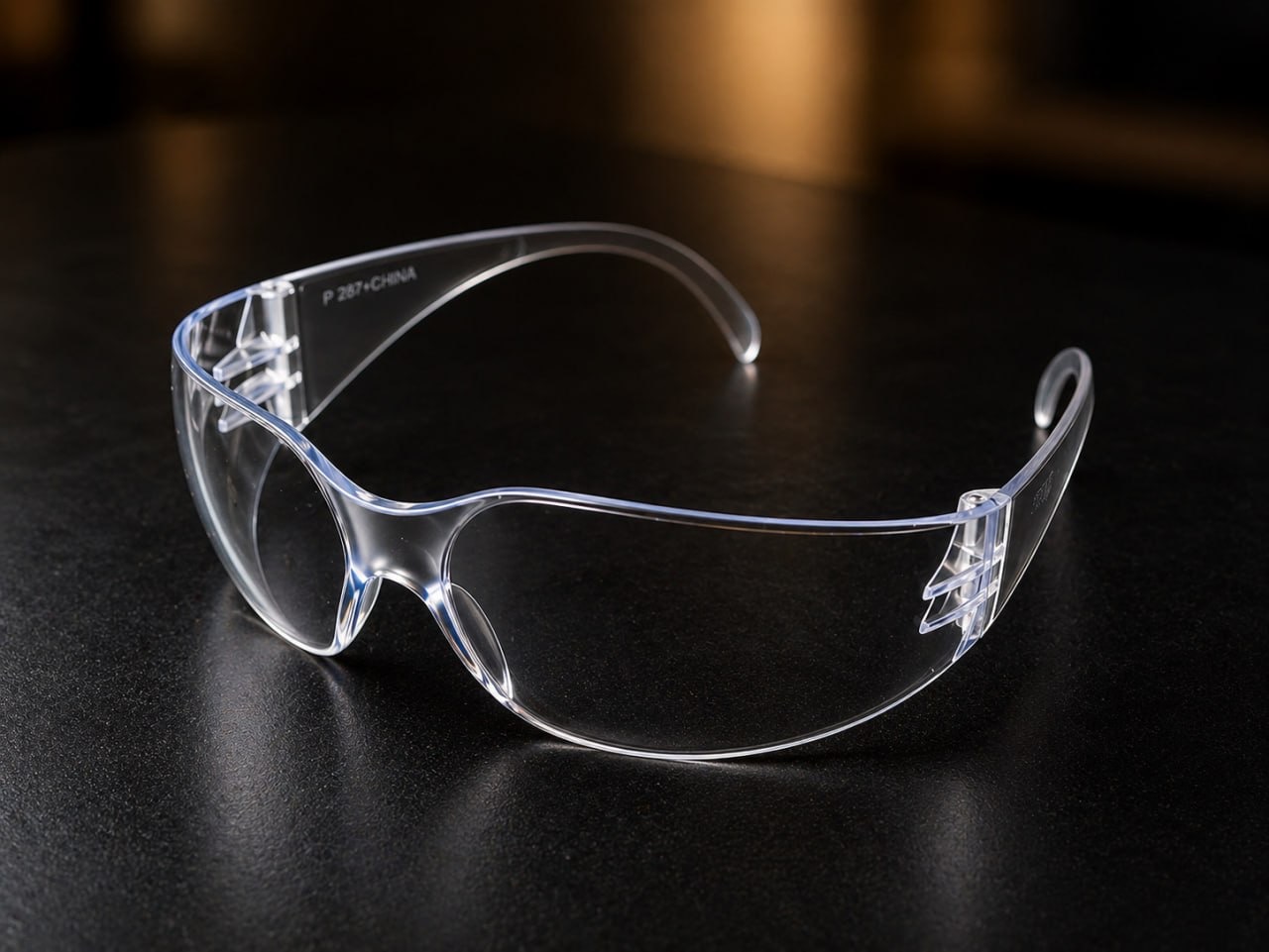 Clear ANSI Z87+ wraparound safety glasses, side view.